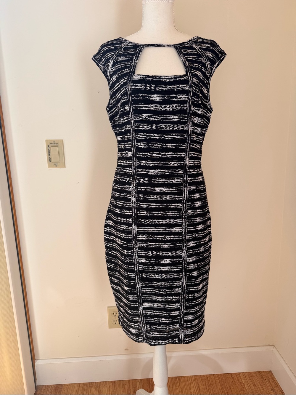 Cache Black and White Striped Cutout Midi Dress